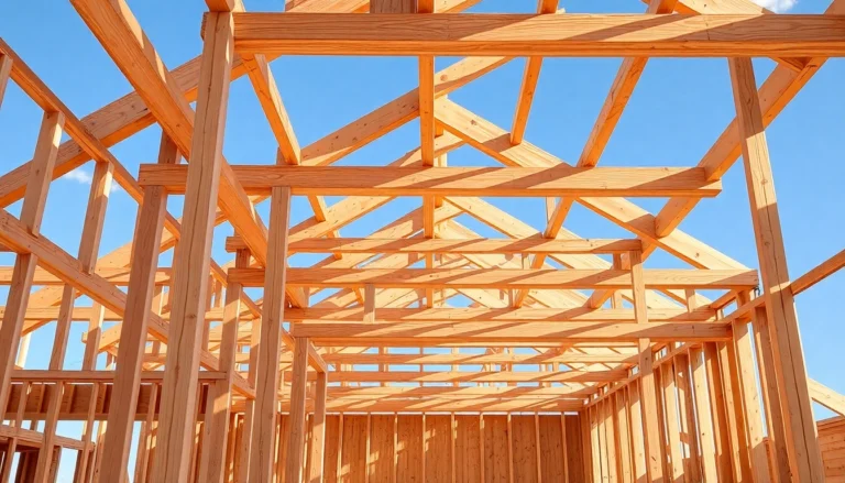 High-quality framing in construction with detailed wooden beams supporting a building structure, emphasizing structural integrity and craftsmanship.