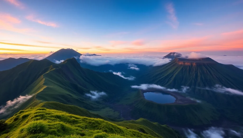Hiking on Mount Rinjani’s slopes capturing its majestic volcanic peak and lush landscape, inviting adventure and exploration.