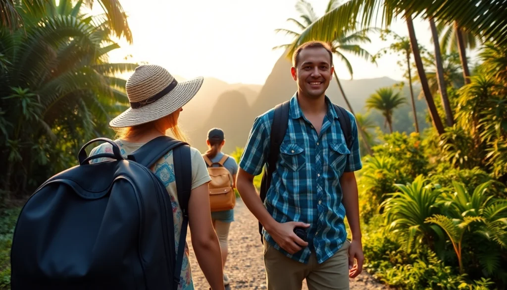 The guide in Lombok expertly leading tourists through scenic terrain with lush greenery and traditional attire, showcasing local hospitality and natural beauty.