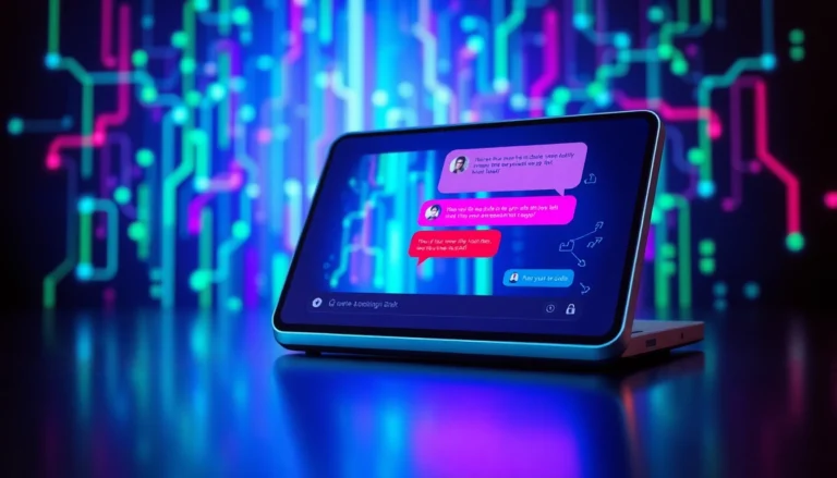 Futuristic AI chatbot interface on a digital device with glowing data streams and playful chat bubbles.