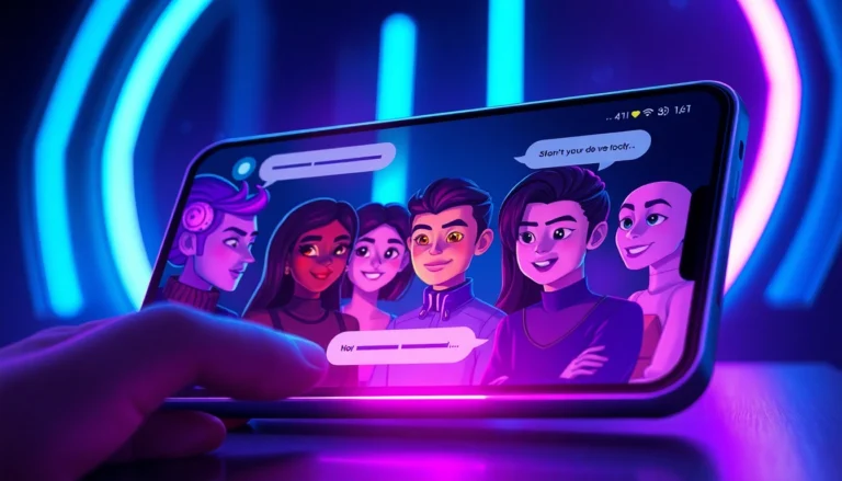Futuristic AI chat interface with animated characters on a sleek device, neon lights, and cyberpunk style
