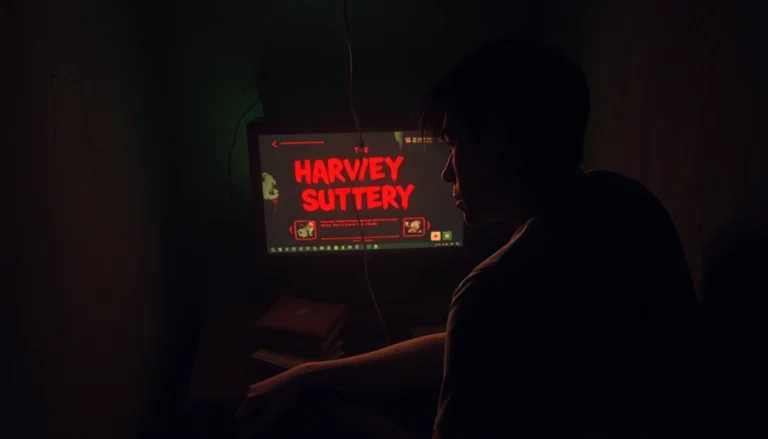 An unsettling scene of a distressed person in a dimly lit room watching a disturbing game interface on a computer, with shadows and bloodstains hinting at moral conflict and horror.