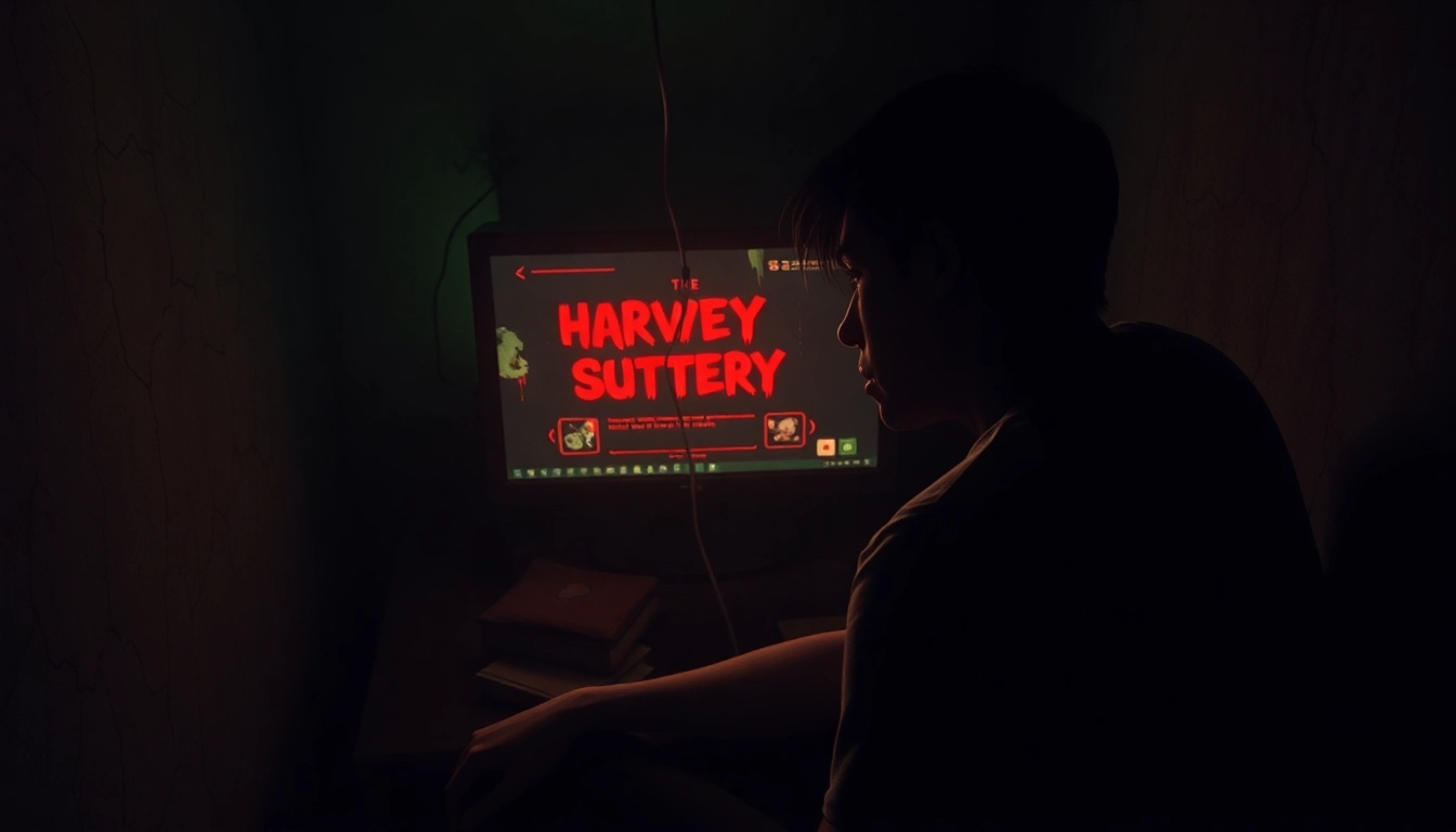 An unsettling scene of a distressed person in a dimly lit room watching a disturbing game interface on a computer, with shadows and bloodstains hinting at moral conflict and horror.