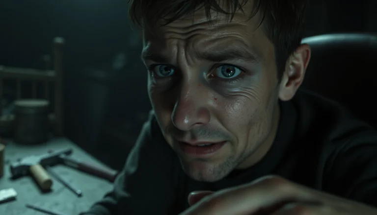 A distressed man in a dim room with tools and shadows, highlighting psychological horror elements.