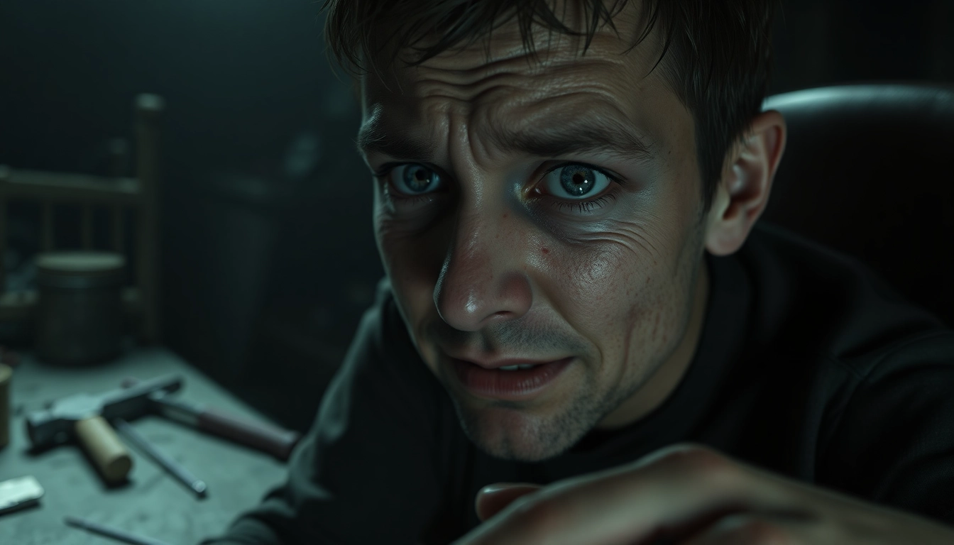A distressed man in a dim room with tools and shadows, highlighting psychological horror elements.
