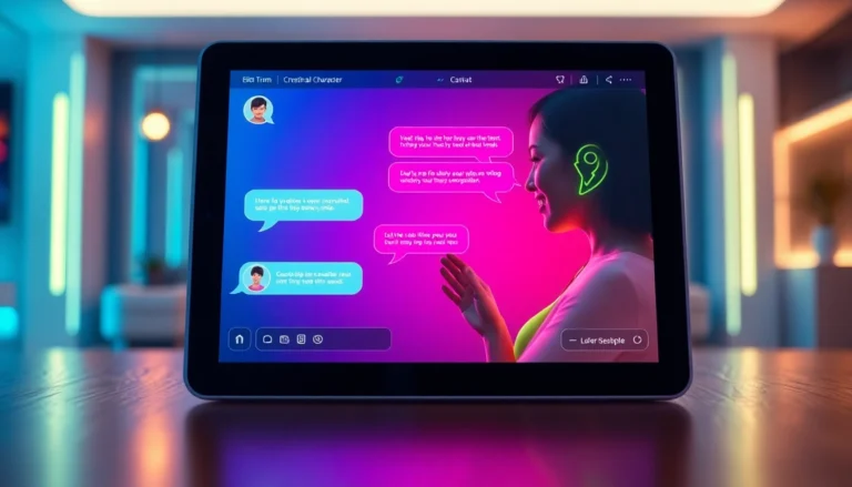 A person using a tablet to chat with a colorful AI character in a modern, high-tech setting.