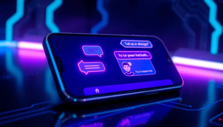 Digital illustration of a futuristic AI chatbot interface on a smartphone with neon accents and a user engaging in conversation.