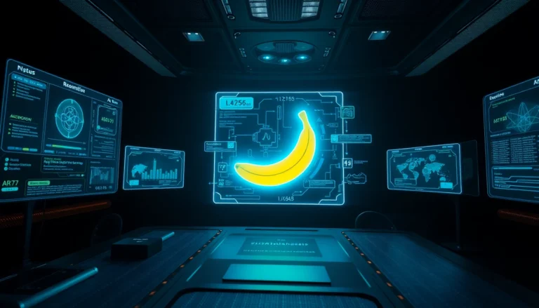 Futuristic AI interface with holographic banana and data screens in a high-tech control room.