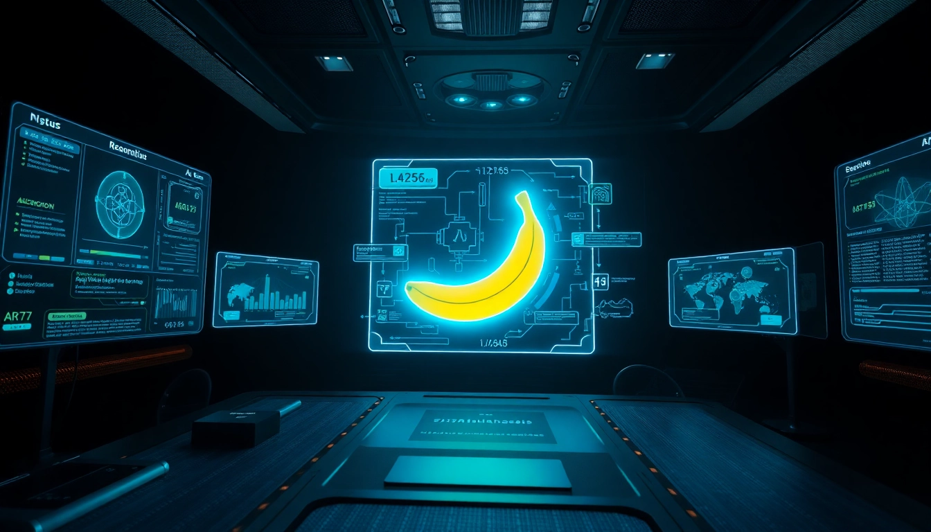 Futuristic AI interface with holographic banana and data screens in a high-tech control room.