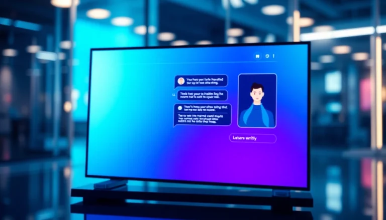 A futuristic digital chat interface with a customizable AI character on a sleek screen, glowing text bubbles, and a high-tech environment.