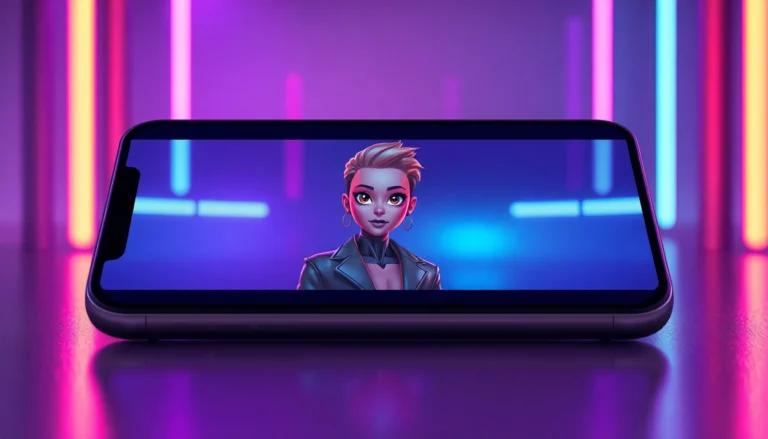 Futuristic AI chat interface with an attractive virtual companion on a sleek device screen, glowing neon background.