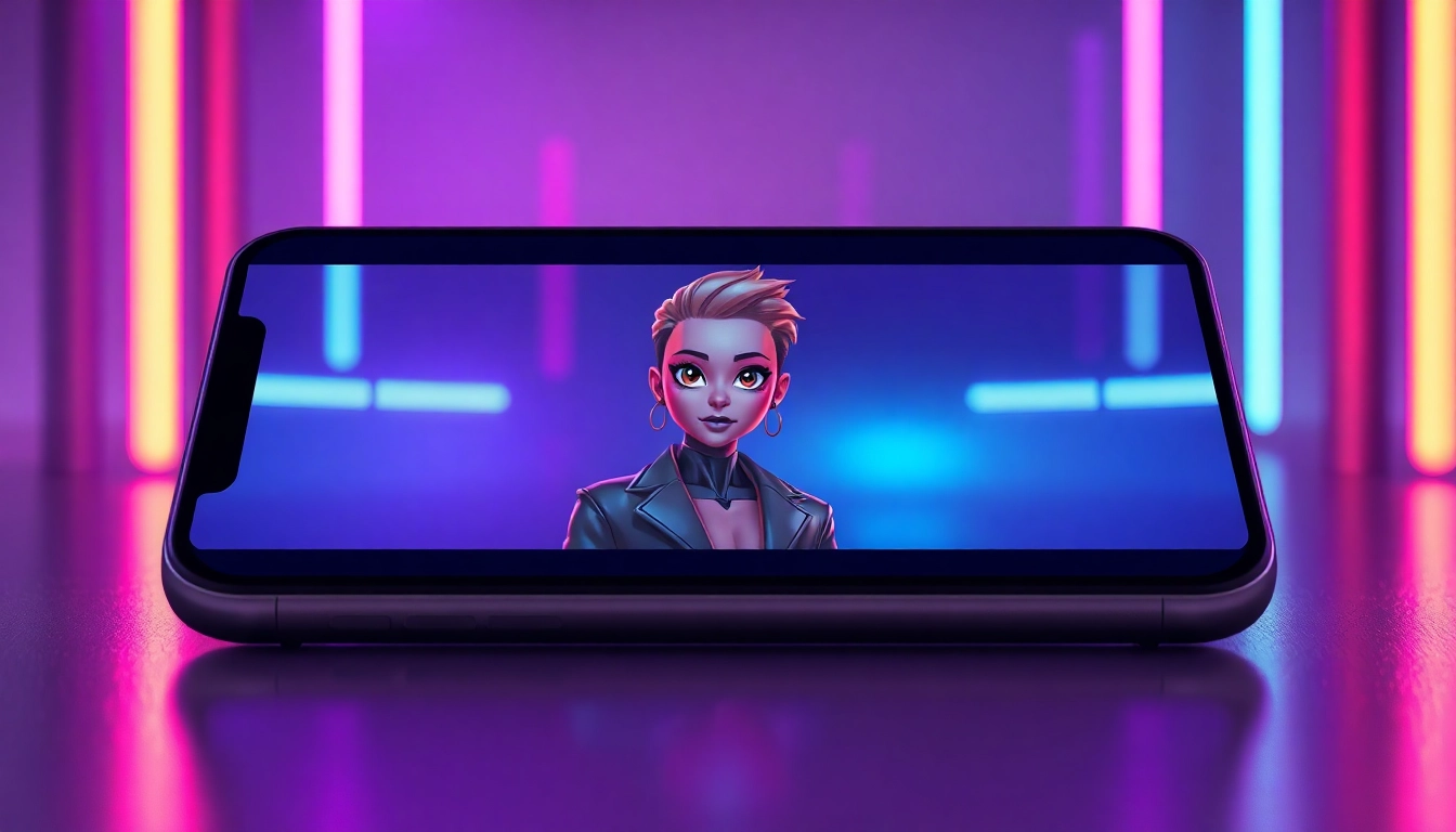Futuristic AI chat interface with an attractive virtual companion on a sleek device screen, glowing neon background.