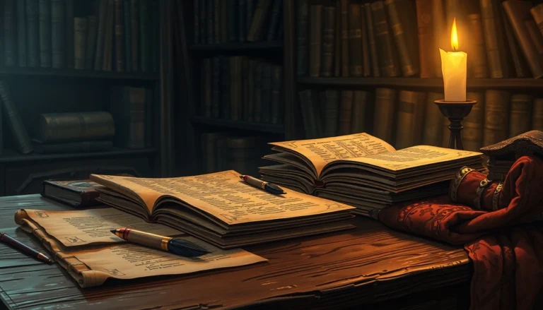Vintage study with old books and writing tools in warm candlelight, evoking historical secrecy and scholarly atmosphere.