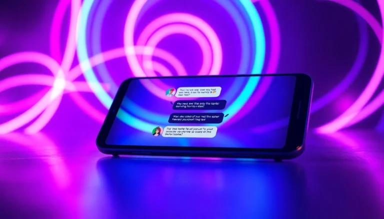 Futuristic chat interface on a device screen with neon lights and a customizable AI character, emphasizing modern AI chat experiences.