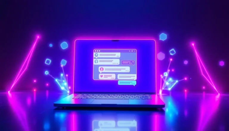 Futuristic AI chatbot interface with glowing chat bubbles and holographic elements