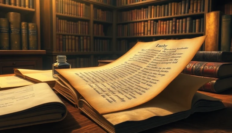 Vintage library scene with old books and parchment, warm lighting, and scholarly atmosphere.