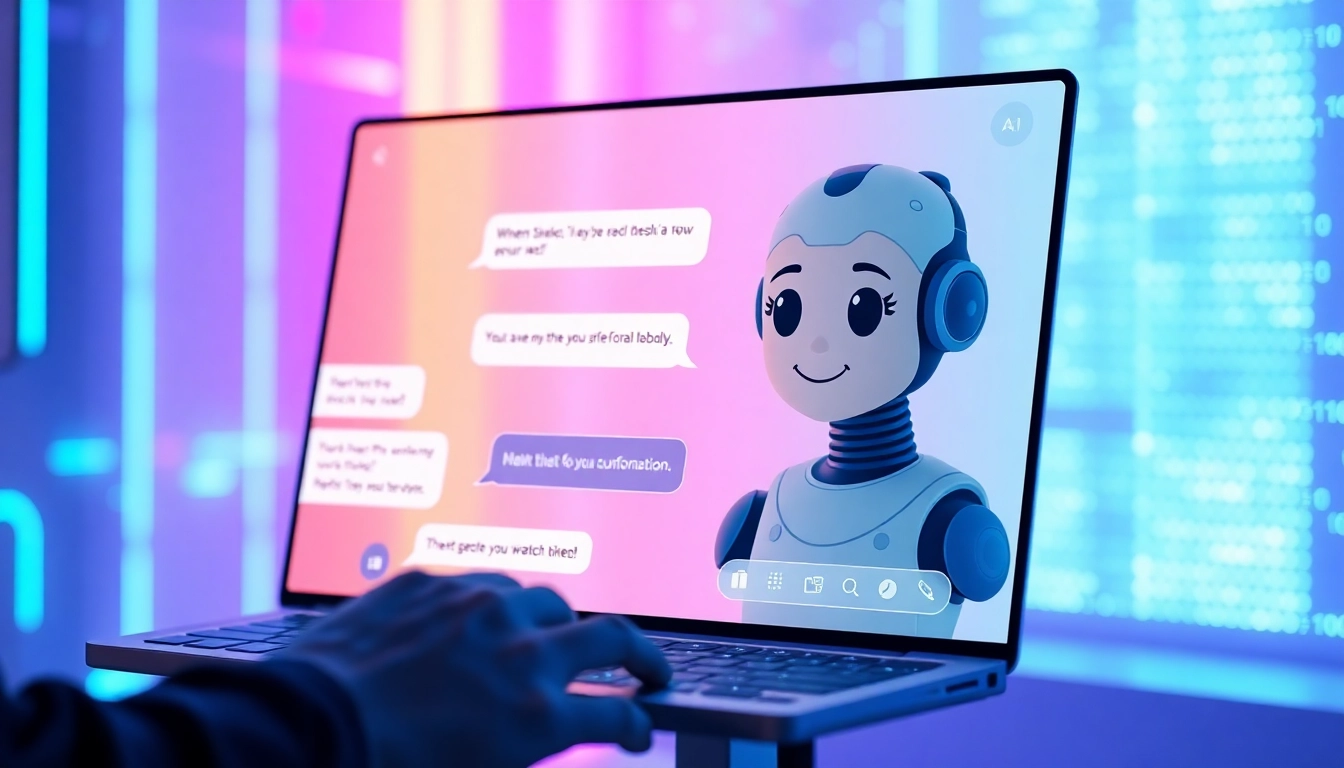 A futuristic chatbot interface showing user interaction with AI characters on a sleek screen with neon lighting and digital code textures.