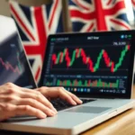 A professional analyzing Buying Shares UK options on a laptop screen with UK flags,