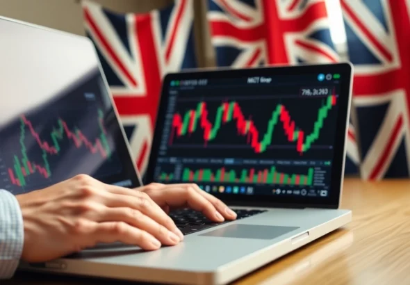 A professional analyzing Buying Shares UK options on a laptop screen with UK flags,