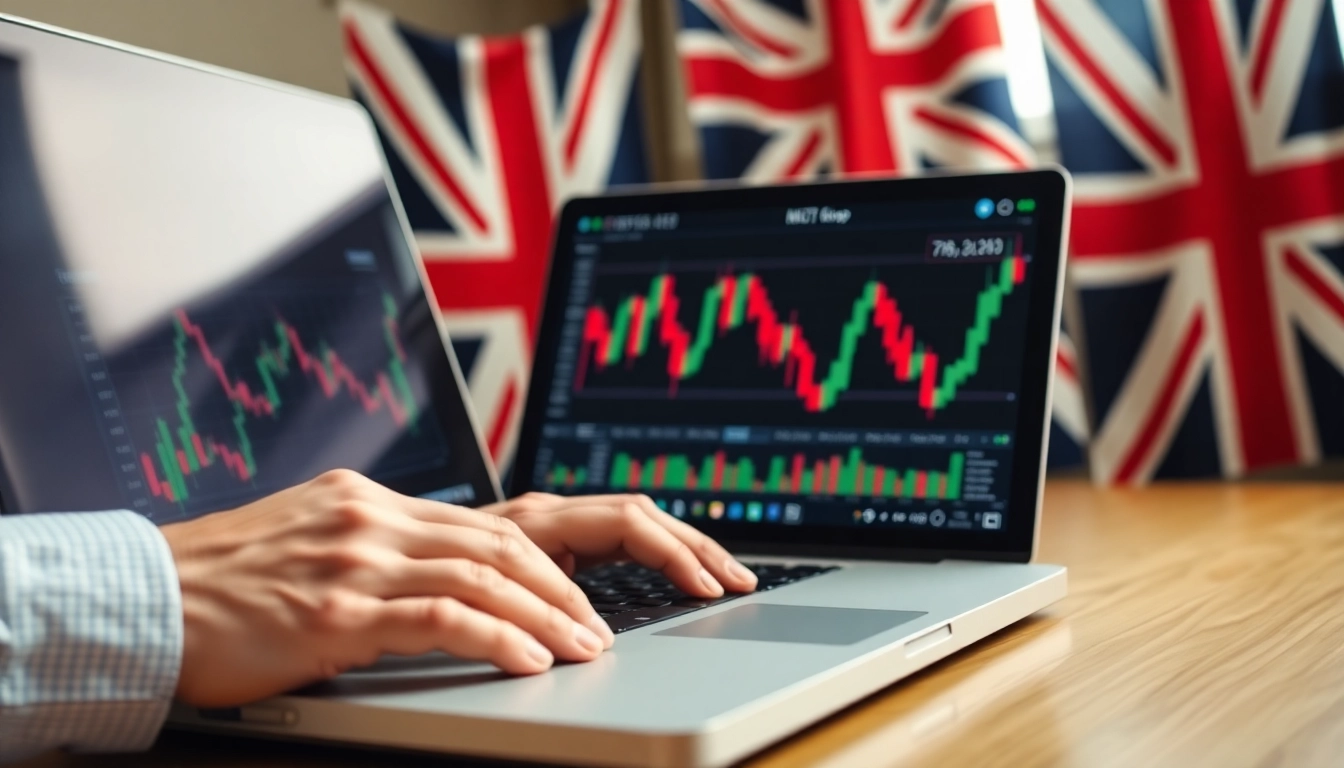 A professional analyzing Buying Shares UK options on a laptop screen with UK flags,