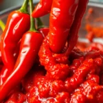 High-quality photo of fresh red chillies and the thick extra hot fresh red chilli paste,