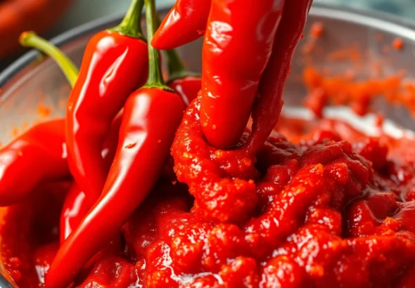 High-quality photo of fresh red chillies and the thick extra hot fresh red chilli paste,