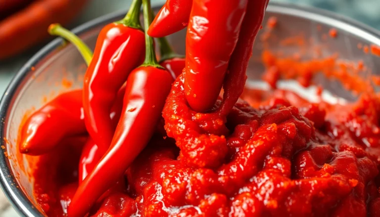 High-quality photo of fresh red chillies and the thick extra hot fresh red chilli paste,