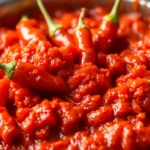 High-quality image showing fresh red chili peppers being processed into extra hot fresh red