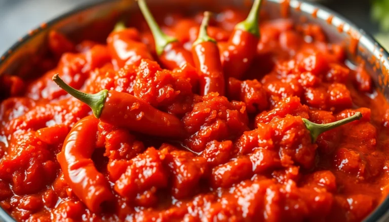 High-quality image showing fresh red chili peppers being processed into extra hot fresh red